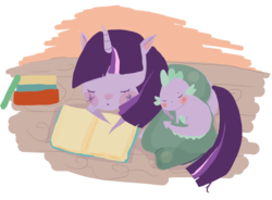 Size: 1101x810 | Tagged: safe, artist:treescab, spike, twilight sparkle, g4, blanket, book, mama twilight, sleeping