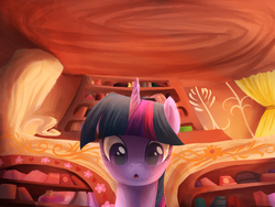 Size: 1200x900 | Tagged: safe, artist:aurarrius, twilight sparkle, pony, g4, female, golden oaks library, library, looking at you, mare, open mouth, solo