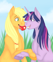 Size: 755x876 | Tagged: safe, artist:cartoonlion, applejack, twilight sparkle, g4, apple, cute, eye contact, female, hoers, holding hooves, lesbian, mouth hold, nibbling, sharing, ship:twijack, shipping, smiling, unshorn fetlocks