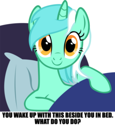 Size: 3018x3293 | Tagged: safe, artist:astringe, lyra heartstrings, pony, unicorn, g4, bed, female, high res, looking at you, mare, meta, simple background, solo, text, transparent background