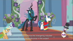 Size: 1366x768 | Tagged: safe, edit, edited screencap, screencap, applejack, queen chrysalis, rarity, shining armor, spike, changeling, changeling queen, dragon, earth pony, pony, unicorn, a canterlot wedding, g4, caption, female, implied scat, male, mare, stallion, youtube caption, youtube link
