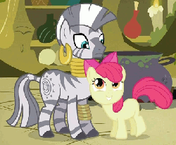 Size: 400x330 | Tagged: safe, screencap, apple bloom, zecora, earth pony, pony, zebra, g4, season 2, the cutie pox, animated, apple bloom's bow, bow, candle, cauldron, duo, ear piercing, earring, female, filly, fire, foal, gif, hair bow, indoors, jewelry, jug, loop, neck rings, piercing, smiling, zecora's hut