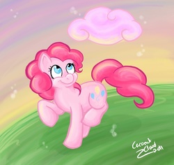 Size: 682x643 | Tagged: dead source, safe, artist:veritasket, pinkie pie, earth pony, pony, g4, blue eyes, cloud, cotton candy, cotton candy cloud, female, happy, mare, pink cloud, pink coat, pink fur, pink hair, pink mane, pink tail, signature, smiling, solo, tail