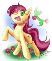 Size: 612x709 | Tagged: safe, artist:howlzapper, roseluck, earth pony, pony, g4, female, flower, mare, rose, smiling, solo