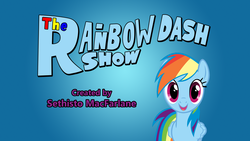 Size: 1920x1080 | Tagged: safe, artist:charleston-and-itchy, rainbow dash, pegasus, pony, g4, blue background, blue body, blue coat, blue fur, blue pony, blue wings, female, folded wings, logo, looking at you, magenta eyes, mare, multicolored hair, multicolored mane, parody, rainbow hair, simple background, smiling, tv show, wings