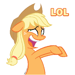 Size: 900x900 | Tagged: source needed, safe, artist:773her, applejack, earth pony, pony, g4, animated, blonde, blonde hair, blonde mane, derp, female, floppy ears, green eyes, hair tie, image macro, laughing, lol, mane tie, mare, meme, open mouth, open smile, orange body, orange coat, orange fur, orange pony, pointing, reaction image, silly, silly pony, simple background, smiling, solo, transparent background, yellow hair, yellow mane