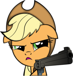 Size: 1463x1513 | Tagged: safe, artist:miroslav46, applejack, earth pony, pony, g4, female, floppy ears, frown, glare, gun, have a nice day, hoof hold, mare, pistol, revolver, simple background, solo, transparent background, vector, weapon
