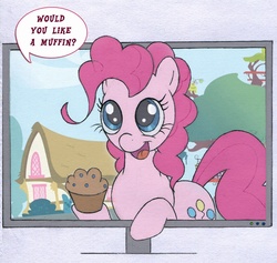 Size: 802x761 | Tagged: safe, artist:dormantotter, pinkie pie, earth pony, pony, g4, breaking the fourth wall, dialogue, female, food, fourth wall, golden oaks library, mare, monitor, muffin, pinkie being pinkie, ponyville, smiling, solo, speech bubble