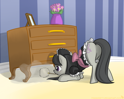 Size: 1280x1024 | Tagged: safe, artist:frankier77, octavia melody, earth pony, pony, g4, butt, cleaning, clothes, costume, drawer, dust, duster, face down ass up, featureless crotch, female, maid, mouth hold, plot, solo