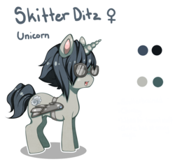 Size: 881x827 | Tagged: safe, artist:thami-mixim, oc, oc only, oc:skitter ditz, pony, unicorn, artificial wings, augmented, female, glasses, handwriting, mare, mechanical wing, open mouth, open smile, reference sheet, simple background, smiling, solo, text, transparent background, wings