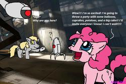 Size: 862x580 | Tagged: artist needed, source needed, safe, derpy hooves, pinkie pie, pegasus, pony, g4, crossover, female, glados, mare, portal (valve)