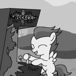 Size: 650x650 | Tagged: safe, artist:spookitty, iron will, rumble, pegasus, pony, ask iron will, g4, arcade, ask, ask-ironwill-now, black and white, boxing, colt, eyes closed, foal, gaming, grayscale, male, monochrome, solo, tumblr