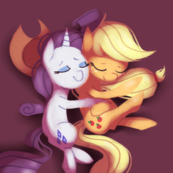 Size: 600x600 | Tagged: safe, artist:karzahnii, applejack, rarity, pony, g4, cuddling, cute, eyes closed, female, hug, lesbian, lying, lying down, on side, ship:rarijack, shipping, sleeping, smiling, snuggling