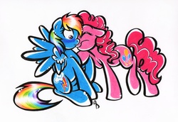 Size: 3243x2234 | Tagged: safe, artist:littletiger488, pinkie pie, rainbow dash, earth pony, pegasus, pony, g4, duo, female, floppy ears, high res, lesbian, nuzzling, ship:pinkiedash, shipping, simple background, white background