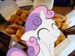 Size: 500x375 | Tagged: safe, edit, sweetie belle, g4, chicken meat, chicken nugget, food, happy, meat, ponies in real life, smiling