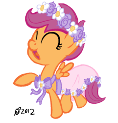 Size: 834x864 | Tagged: dead source, safe, artist:derkrazykraut, scootaloo, pegasus, pony, g4, clothes, dancing, dress, eyes closed, female, filly, flower filly, open mouth, simple background, transparent background