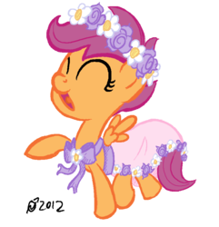 Size: 834x864 | Tagged: dead source, safe, artist:derkrazykraut, scootaloo, pegasus, pony, g4, clothes, dancing, dress, eyes closed, female, filly, floral head wreath, flower, flower filly, open mouth, simple background, transparent background