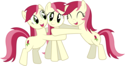 Size: 1224x653 | Tagged: safe, artist:delectablecoffee, roseluck, earth pony, pony, g4, ^^, bipedal, bipedal leaning, eyes closed, female, hug, leaning, looking at you, multeity, open mouth, recolor, self paradox, self ponidox, show accurate, simple background, smiling, transparent background, trio, trio female, vector