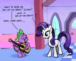 Size: 1000x805 | Tagged: safe, artist:gsphere, rarity, spike, g4, art of the dress, dialogue, female, guitar, male, musical instrument, playing guitar, playing instrument, ship:sparity, shipping, song, song cover, speech bubble, straight