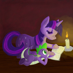 Size: 800x797 | Tagged: safe, artist:moriiko, spike, twilight sparkle, dragon, pony, unicorn, g4, book, candle, female, male, mare