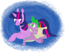 Size: 800x649 | Tagged: safe, artist:katseartist, spike, twilight sparkle, dragon, pony, unicorn, g4, female, male, mare, quill