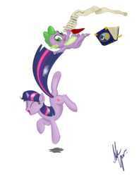 Size: 1300x1650 | Tagged: safe, artist:sameasusual, spike, twilight sparkle, g4, book, checklist, dancing, excited, quill