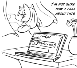 Size: 859x760 | Tagged: safe, artist:shoutingisfun, twilight sparkle, pony, unicorn, g4, /mlp/, 4chan, cigarette, computer, curtains, female, horn, laptop computer, looking out the window, monochrome, smoking, solo