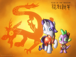 Size: 1024x768 | Tagged: safe, artist:fongsaunder, discord, rarity, spike, draconequus, dragon, pony, unicorn, g4, cheongsam, chinese, chinese new year, clothes, pun, trio, year of the dragon