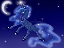 Size: 900x675 | Tagged: dead source, safe, artist:ditzydoolover, princess luna, pony, g4, crescent moon, female, flying, night, solo, transparent moon, watermark