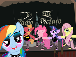 Size: 2667x2000 | Tagged: safe, artist:pipersack, big macintosh, fluttershy, pinkie pie, rainbow dash, twilight sparkle, earth pony, pony, g4, dancing, dr. frank n furter, high res, male, parody, rocky horror, rocky horror picture show, stallion