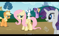 Size: 1024x640 | Tagged: safe, edit, edited screencap, screencap, angel bunny, applejack, fluttershy, owlowiscious, rarity, twilight sparkle, earth pony, pegasus, pony, rabbit, unicorn, g4, may the best pet win, animal, caption, female, mare, text, youtube caption