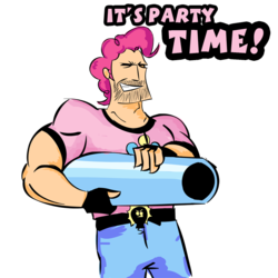 Size: 800x800 | Tagged: safe, artist:lazy, pinkie pie, human, g4, brony, crossover, humanized, parody, party cannon, rule 63, sam "serious" stone, serious sam, simple background, transparent background, video game, weapon