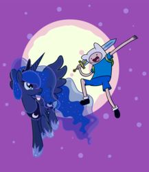 Size: 3000x3451 | Tagged: safe, artist:miketheuser, princess luna, human, g4, adventure time, crossover, duo, finn the human, high res, male, moon, show accurate, sword, weapon