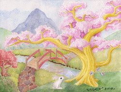 Size: 1024x778 | Tagged: safe, artist:the-wizard-of-art, angel bunny, fluttershy, butterfly, rabbit, g4, bridge, cherry blossoms, cherry tree, cottagecore, dendrification, fluttertree, mountain, neighponese, path, river, scenery, species swap, traditional art, tree, watercolor painting