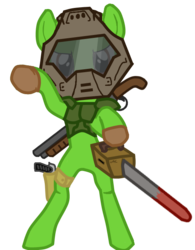 Size: 540x693 | Tagged: safe, artist:batandy, earth pony, pony, bipedal, blood, chainsaw, doom, doom guy, gun, handgun, helmet, hooves, male, pistol, ponified, shotgun, simple background, solo, stallion, super shotgun, transparent background, weapon