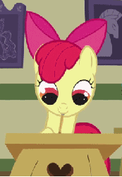 Size: 248x358 | Tagged: safe, screencap, apple bloom, princess celestia, earth pony, pony, call of the cutie, g4, season 2, animated, apple bloom's bow, bow, desk, dexterous mouth, female, filly, foal, gif, hair bow, indoors, looking at something, loop, mouth hold, pencil, ponyville schoolhouse, school, school desk, solo, writing