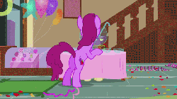 Size: 640x360 | Tagged: safe, screencap, apple bloom, berry punch, berryshine, earth pony, pony, call of the cutie, g4, season 1, animated, balloon, berry butt, bipedal, bipedal leaning, bow, bowl, butt, confetti, counter, cup, cute, drinking, female, filly, foal, gif, glass, hair bow, indoors, lollipop, loop, messy, plot, punch (drink), punch bowl, rug, solo focus, table, tablecloth