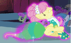 Size: 332x204 | Tagged: safe, screencap, amethyst star, candy mane, derpy hooves, fluttershy, lightning bolt, lyra heartstrings, merry may, sparkler, twinkleshine, white lightning, pegasus, pony, g4, green isn't your color, season 1, animated, behaving like a dog, body control, cropped, ear scratch, female, flutterdog, loop, majestic as fuck, mare, modelshy, scratching