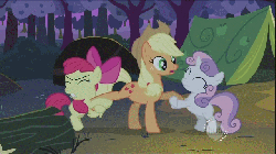 Size: 640x360 | Tagged: safe, screencap, apple bloom, applejack, sweetie belle, earth pony, pony, unicorn, g4, season 2, sisterhooves social, animated, apple, apple bloom's bow, apple tree, bow, eyes closed, female, filly, foal, forest, gif, hair bow, horn, hub logo, log, looking at someone, loop, mare, nature, night, outdoors, pulling, smiling, tent, the hub, tree, trio, tug of war, tugging