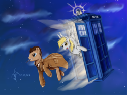 Size: 2400x1800 | Tagged: safe, artist:dalagar, derpy hooves, doctor whooves, time turner, earth pony, pegasus, pony, g4, 2012, doctor who, duo, female, male, mare, space, stallion, tardis, the doctor