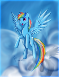 Size: 933x1203 | Tagged: safe, artist:dalagar, rainbow dash, pegasus, pony, g4, cloud, female, flying, mare, solo, spread wings, wings