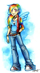 Size: 1284x2355 | Tagged: safe, artist:valen-larae, rainbow dash, human, g4, clothes, converse, female, humanized, jacket, jeans, shoes, sneakers, solo, winged humanization, wristband