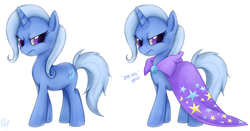 Size: 1013x532 | Tagged: safe, artist:mn27, trixie, pony, unicorn, g4, angry, cape, clothes, duality, female, madorable, mare, signature, simple background, solo, trixie's cape, white background