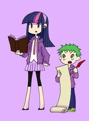 Size: 518x700 | Tagged: safe, artist:raito toko, spike, twilight sparkle, human, g4, book, clothes, ear piercing, earring, fangs, female, hairband, hoodie, humanized, jewelry, leggings, light skin, male, necktie, no nose, open mouth, piercing, pixiv, pleated skirt, quill, scroll, skinny, skirt, slit pupils, thin