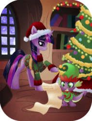 Size: 800x1050 | Tagged: safe, artist:rizcifra, spike, twilight sparkle, elf, g4, book, christmas, clothes, duo, hat, indoors, santa hat, snow, snowfall