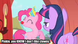 Size: 1280x720 | Tagged: safe, edit, edited screencap, screencap, pinkie pie, twilight sparkle, g4, party of one, butt, caption, clown, clown nose, hat, party hat, plot, red nose