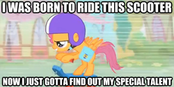 Size: 625x314 | Tagged: safe, edit, edited screencap, screencap, scootaloo, pony, g4, caption, female, filly, image macro, scooter, solo