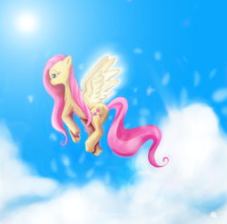 Size: 1024x1013 | Tagged: safe, artist:rk-d, fluttershy, pegasus, pony, g4, cloud, female, flying, glowing wings, lidded eyes, mare, profile, sky, smiling, solo, spread wings, sun, wings