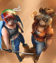 Size: 1068x1200 | Tagged: safe, artist:sundown, applejack, rainbow dash, human, g4, female, humanized, katana, sword, weapon