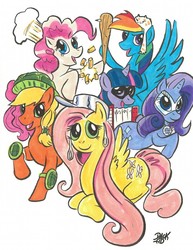 Size: 632x819 | Tagged: safe, artist:doug kallberg, applejack, fluttershy, pinkie pie, rainbow dash, rarity, twilight sparkle, g4, accordion, accordion thief, disco bandit, female, helmet, kingdom of loathing, musical instrument, pasta, pastamancer, sauceror, seal clubber, turtle tamer